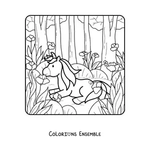Image à colorier d'une licorne animée dans une forêt de printemps