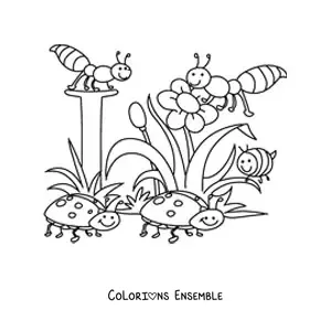 Image à colorier de plusieurs insectes et fleurs de printemps