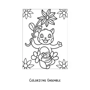 Image à colorier d'un chat animé avec des fleurs de printemps