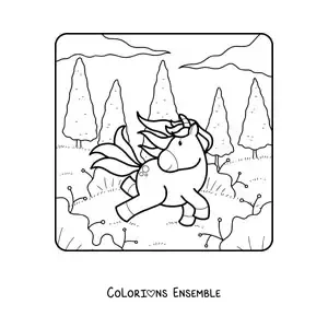 Coloriage d'une licorne rigolote dans la forêt