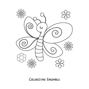 Image à colorier d'un papillon avec des fleurs de printemps