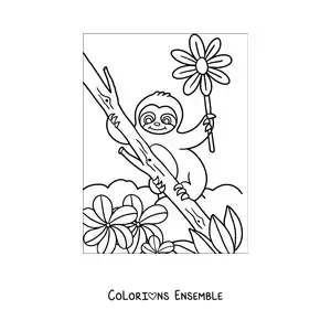 Image à colorier d'un paresseux animé avec des fleurs de printemps