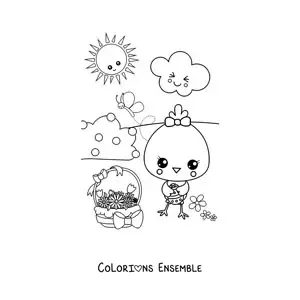 Image à colorier d'un poussin kawaii au printemps