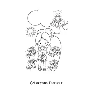 Image à colorier d'une petite fille dans un champ de printemps