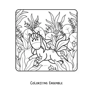 Coloriage d'une licorne rigolote dans un champ