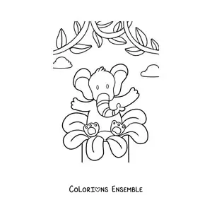 Image à colorier d'un éléphant animé avec une fleur de printemps
