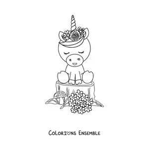 Image à colorier d'une licorne kawaii avec des fleurs de printemps