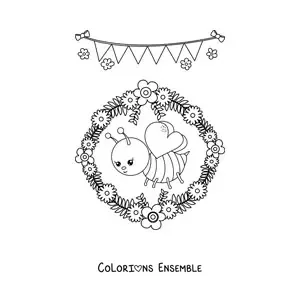 Image à colorier d'une abeille kawaii avec une couronne de fleurs de printemps