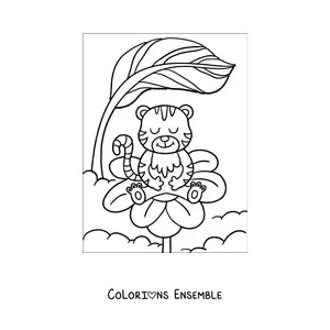 Image à colorier d'un tigre animé sur une fleur de printemps