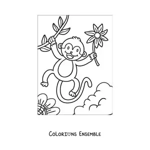Image à colorier d'un singe animé avec des fleurs au printemps