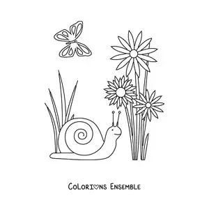 Image à colorier d'un escargot et de plusieurs fleurs au printemps