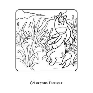 Image à colorier d'une licorne dans le champ au printemps