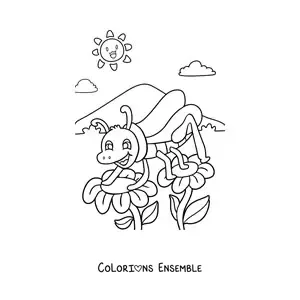 Image à colorier d'un grillon animé posant entre deux fleurs sous un ciel de printemps