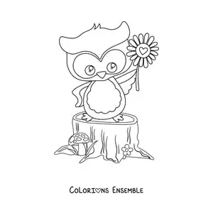 Image à colorier d'un hibou kawaii tenant une fleur