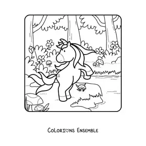 Dessin à colorier d’une licorne dans la forêt au printemps.