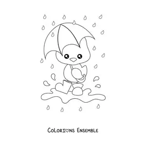 Dessin à colorier d’un poussin kawaii sous la pluie de printemps.