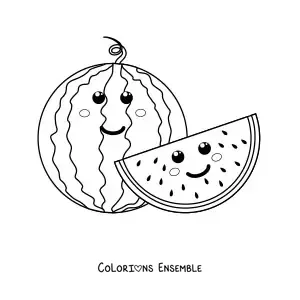 Coloriage d'une pastèque kawaii souriante à côté d'une demi-pastèque kawaii