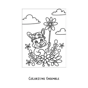 Dessin à colorier d’un lapin rigolo tenant plusieurs fleurs.