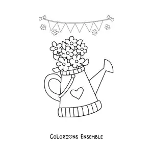 Dessin à colorier d’un arrosoir de jardin avec des fleurs de printemps.