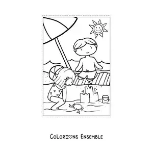 Dessin à colorier de deux enfants à la plage en été.