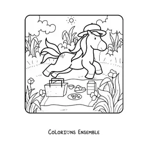 Dessin à colorier d’une licorne rigolote lors d’un pique-nique d’été.