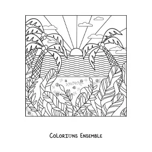 Dessin à colorier d’un paysage par temps estival.