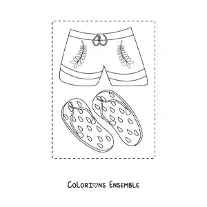 Dessin à colorier d’une paire de sandales et d’un bermuda.