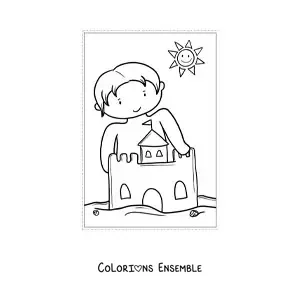 Dessin à colorier d’un petit garçon avec un château de sable en été.