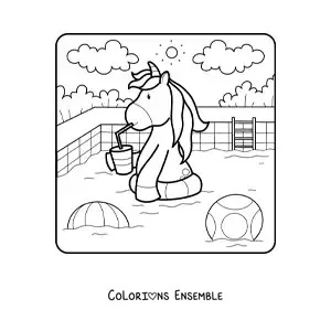 Dessin à colorier d’une licorne rigolote dans une piscine en été.
