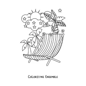 Dessin à colorier d’une chaise de plage et d’un paysage d’été.