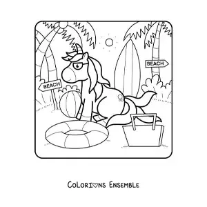 Dessin à colorier d’une licorne en vacances d’été.
