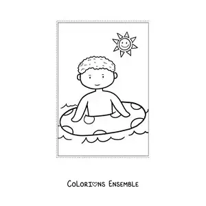Dessin à colorier d’un enfant à la mer en été.