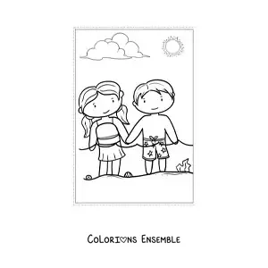 Dessin à colorier de deux enfants en été.