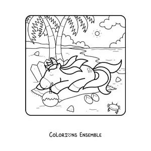 Dessin à colorier d’une licorne qui se repose sur une plage.