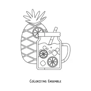 Dessin à colorier d’un ananas et d’une boisson rafraîchissante.