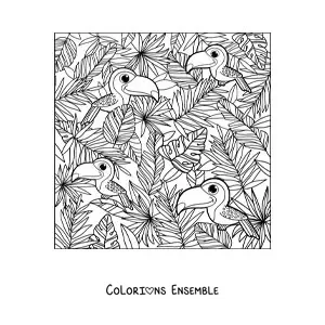 Dessin à colorier de plusieurs toucans kawaii en été.