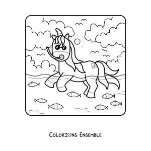 Dessin à colorier d’une licorne à la mer en été.