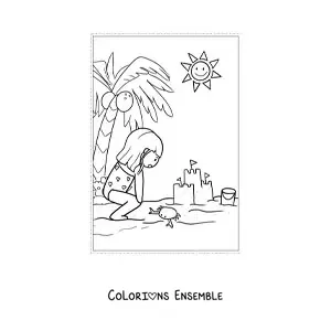 Dessin à colorier d’une petite fille en vacances à la plage.