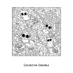 Dessin à colorier de plusieurs animaux kawaii en été.