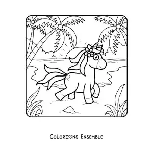 Dessin à colorier d’une licorne en promenade en été.