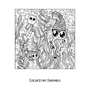 Dessin à colorier de plusieurs animaux marins kawaii.