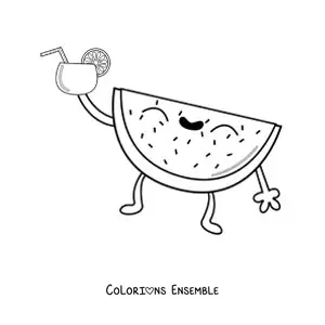 Coloriage d'une pastèque de dessin animé en tenue d'été, en train de boire un milk-shake