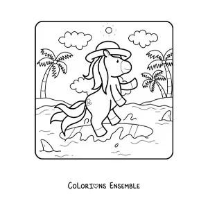 Dessin à colorier d’une licorne dans un paysage d’été.