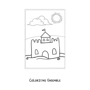 Dessin à colorier d’un château de sable en été.