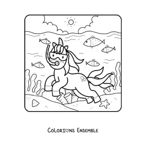 Dessin à colorier d’une licorne qui nage dans la mer.