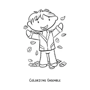 Dessin à colorier d’un enfant qui joue avec des feuilles d’automne.