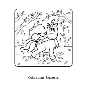 Dessin à colorier d’une licorne kawaii en automne.