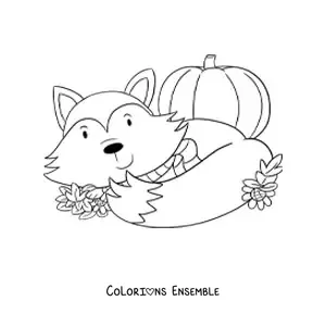 Dessin à colorier d’un renard kawaii avec des feuilles d’automne et une citrouille.