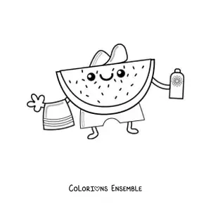 Image à colorier d’une pastèque animée d’été avec une serviette et de la crème solaire