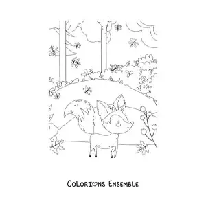Dessin à colorier d’un renard dans une forêt en automne.